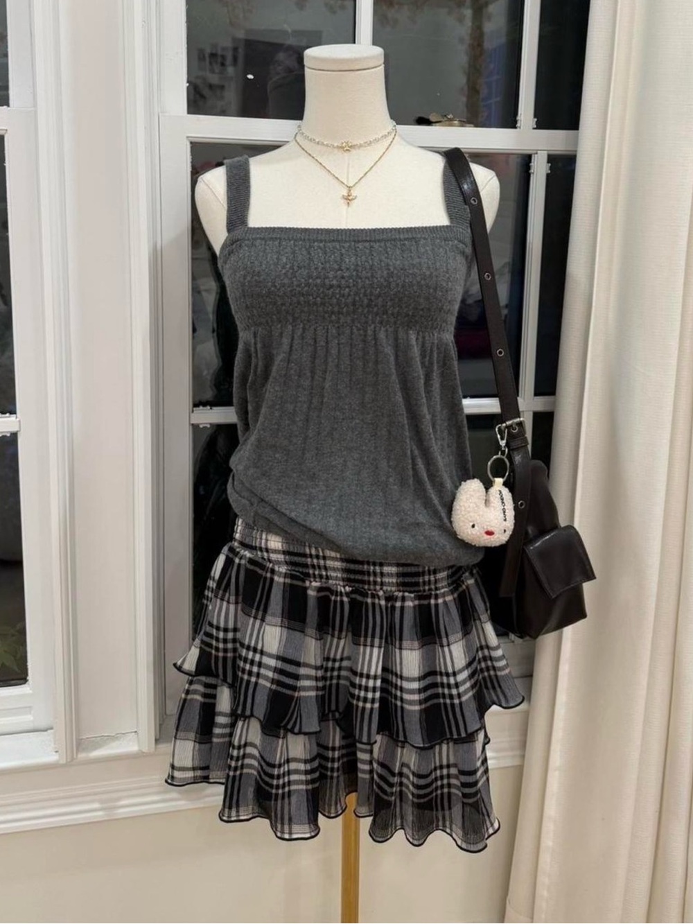 Forever 21 Charcoal Smocked Tank with Black & Gray Plaid Mini Skirt